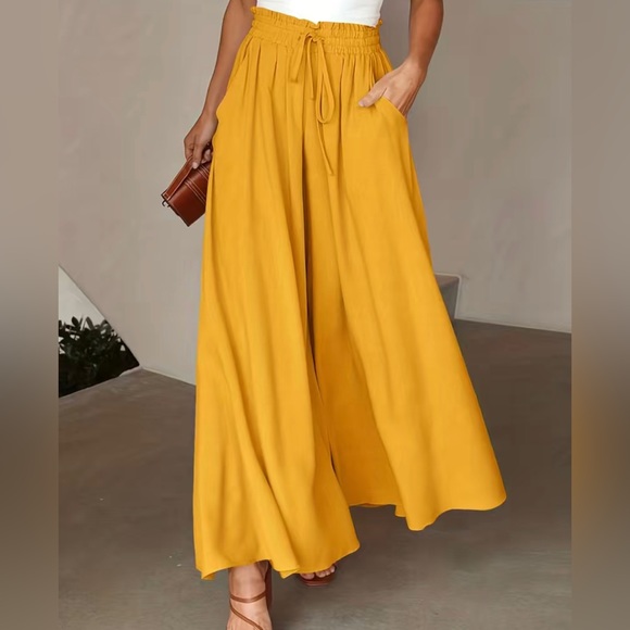 Pants - Solid Drawstring Culottes, Casual Wide Leg Summer Pants With Pockets